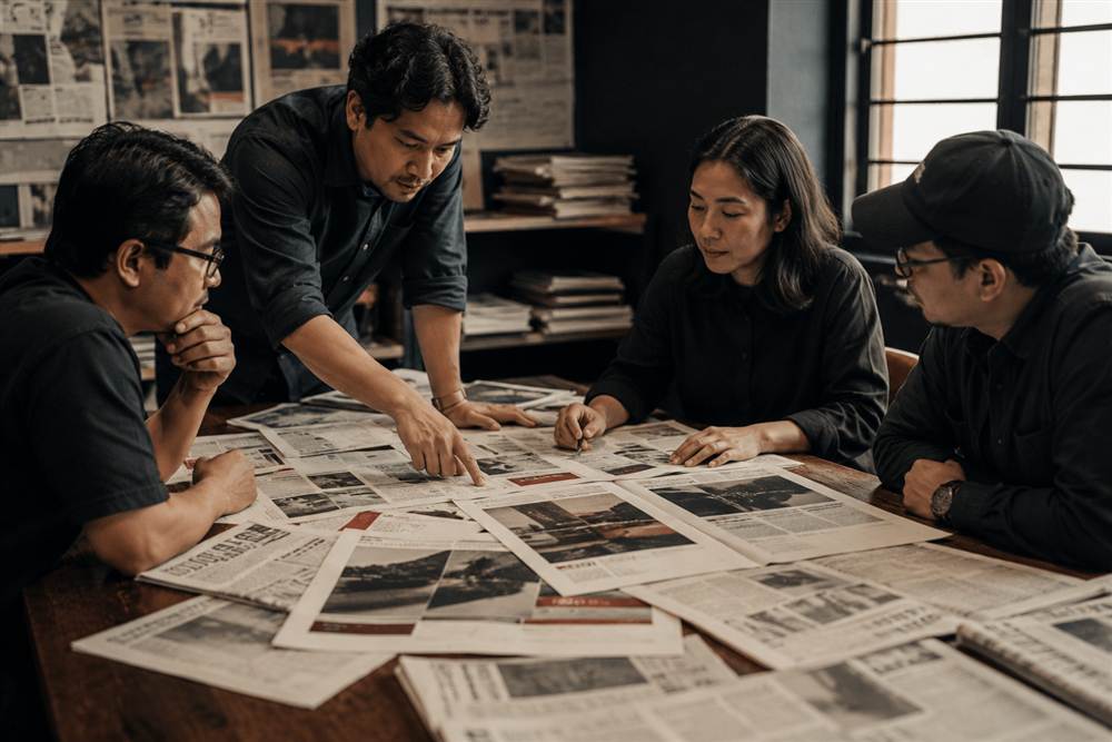Tim redaksi rapat mengelilingi meja penuh print-out artikel dan koran