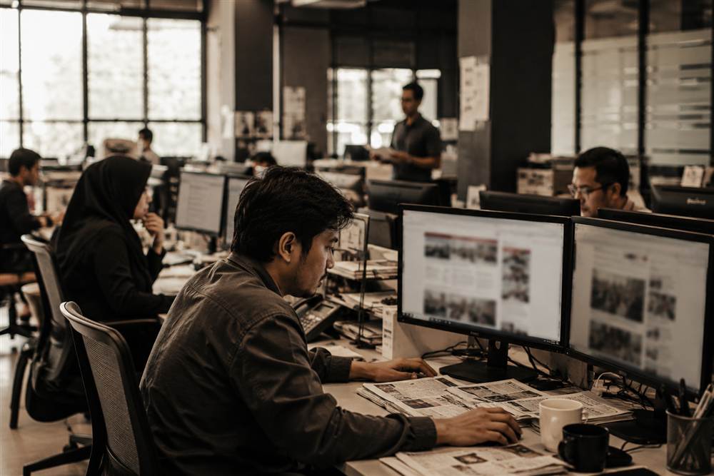 Suasana ruang redaksi dengan jurnalis bekerja di depan monitor portal berita