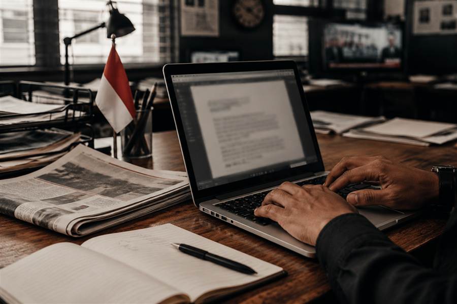 Tangan mengetik press release di laptop dengan koran dan bendera Indonesia di meja redaksi