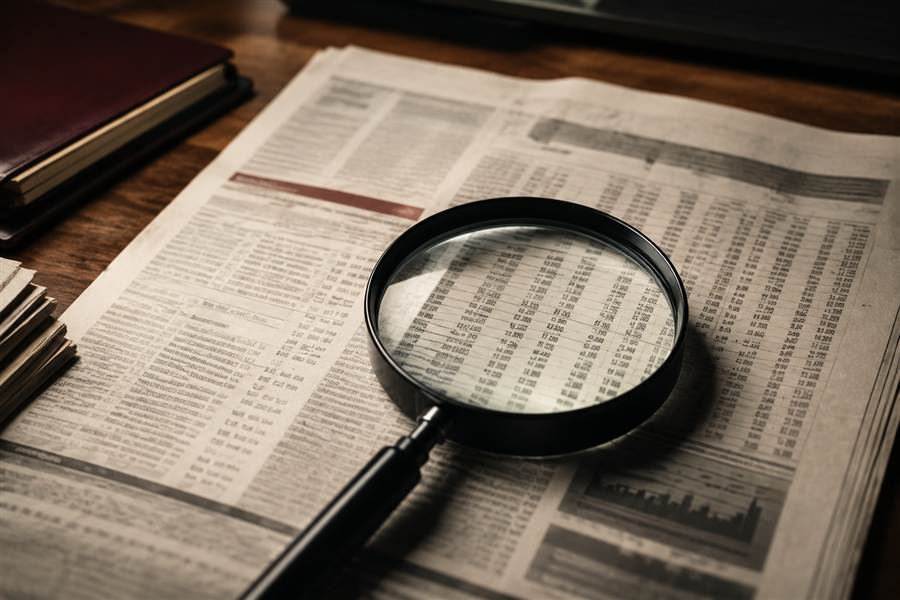 Kaca pembesar di atas halaman koran berisi kolom angka