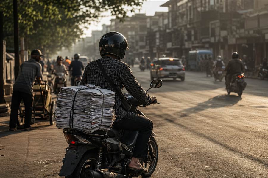 Kurir sepeda motor membawa bundel koran menembus jalan kota pagi hari